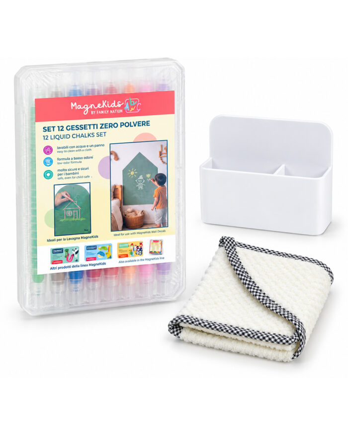 MagneKids Sada 12 bezprašných kried s handričkou a magnetickým držiakom